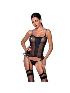 Сетчатый корсет из эко-кожи Passion Malwia Corset black S/M: с люверсами и съемными пажами