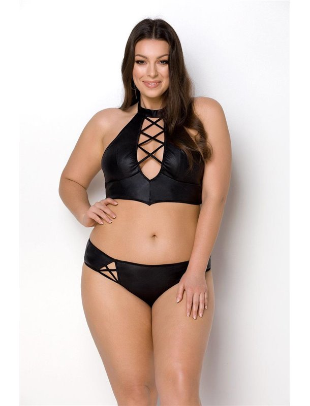 Комплект из эко-кожи Nancy Bikini black 6XL/7XL - Passion, бра и трусики с имитацией шнуровки