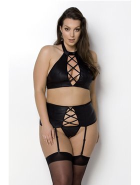 Комплект с имитацией шнуровки Nancy Set black 4XL/5XL - Passion топ, трусики и пояс для чулок