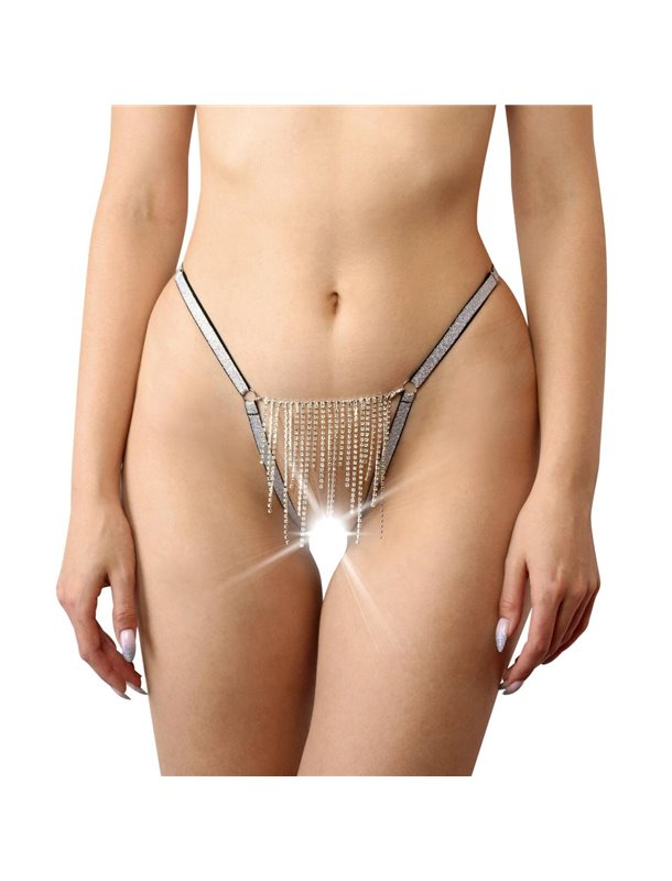 Трусики со стразовой цепью Art of Sex - Lea, размер L-2XL, Серебро/Черный