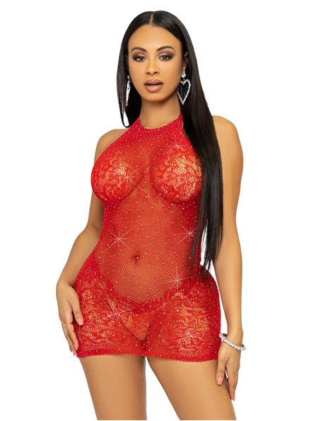 Leg Avenue Rhinestone halter mini dress OS Red