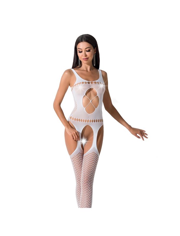 Бодістокінг Passion BS057 white, комбінезон, імітація панчіх і пояса