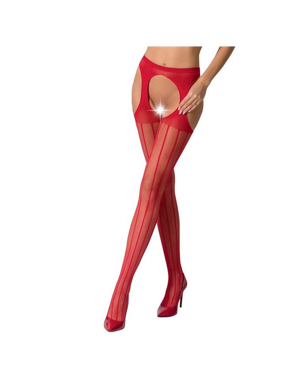 Сітчасті панчохи-стокінги Passion S018 One Size, Red, імітація пояса, сітка з вертикальними смужками