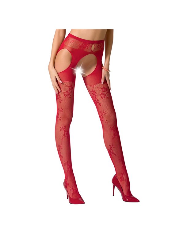 Сексуальні колготки-бодістокінги Passion S022 One Size, Red, імітація панчіх і пояса з гартерами PSS022R Passion (Польща) фот...