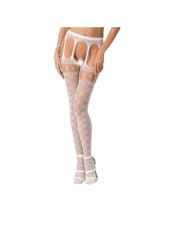 Еротичні колготки-бодістокінги Passion S025 One Size, White, імітація ажурних панчішок з пояском