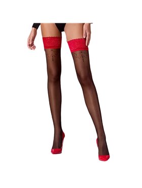 Панчохи Passion ST120 1/2 black-red, на ажурній силіконовій резинці, з вишуканим декором та люре