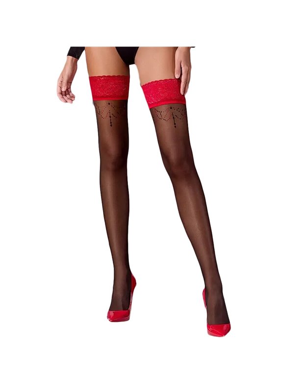 Панчохи Passion ST120 1/2 black-red, на ажурній силіконовій резинці, з вишуканим декором та люре