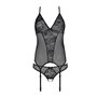 Корсет із пажами, трусики з ажурним декором та відкритим кроком Passion URSULA CORSET S/M, black