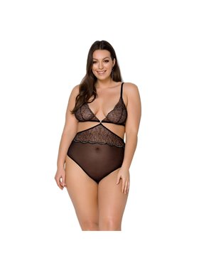 Боді Passion AMBERLY BODY 4XL/5XL black, асиметричний крій, мереживний ліф, золота нитка