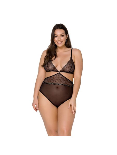Боді Passion AMBERLY BODY 6XL/7XL black, асиметричний крій, мереживний ліф, золота нитка