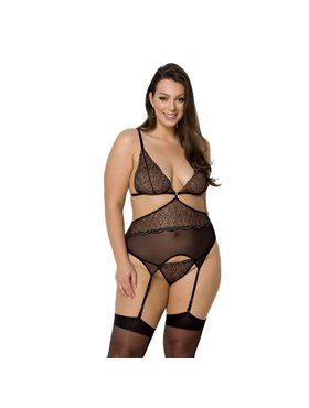 Корсет із пажами Passion AMBERLY CORSET 4XL/5XL, black, асиметричний крій, мережива, стрінги