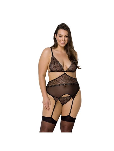 Корсет із пажами Passion AMBERLY CORSET 4XL/5XL, black, асиметричний крій, мережива, стрінги