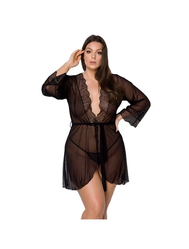 Пеньюар Passion AMBERLY PEIGNOIR 4XL/5XL, black, ажурні декольте та манжети, широкі рукави