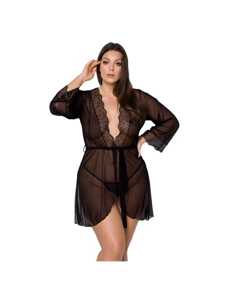Пеньюар Passion AMBERLY PEIGNOIR 4XL/5XL, black, ажурні декольте та манжети, широкі рукави