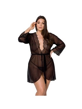 Пеньюар Passion AMBERLY PEIGNOIR 6XL/7XL, black, ажурні декольте та манжети, широкі рукави