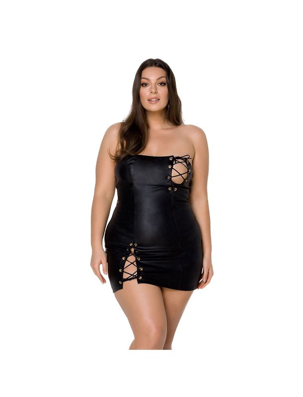 Мінісукня з екошкіри Passion CELINE CHEMISE 4XL/5XL, black, шнурівка, трусики в комплекті