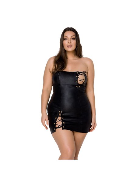 Мінісукня з екошкіри Passion CELINE CHEMISE 4XL/5XL, black, шнурівка, трусики в комплекті