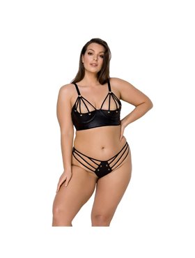 Комплект з екошкіри Passion MALWIA BIKINI 6XL/7XL black, з люверсами та ремінцями, бра, трусики