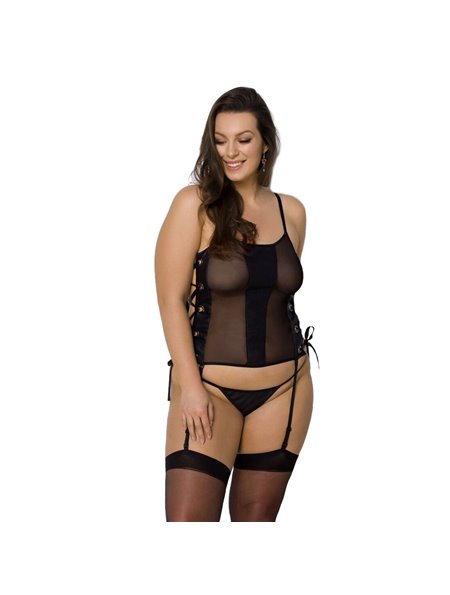 Сітчастий корсет з екошкіри Passion MALWIA CORSET 4XL/5XL black, з люверсами та знімними пажами