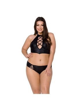 Комплект з екошкіри Passion NANACY BIKINI 4XL/5XL black, бра та трусики з імітацією шнурівки