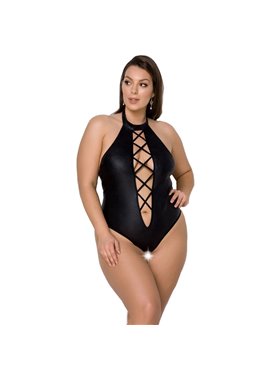 Боді з екошкіри Passion NANCY BODY 4XL/5XL black, з імітацією шнурівки та відкритим доступом