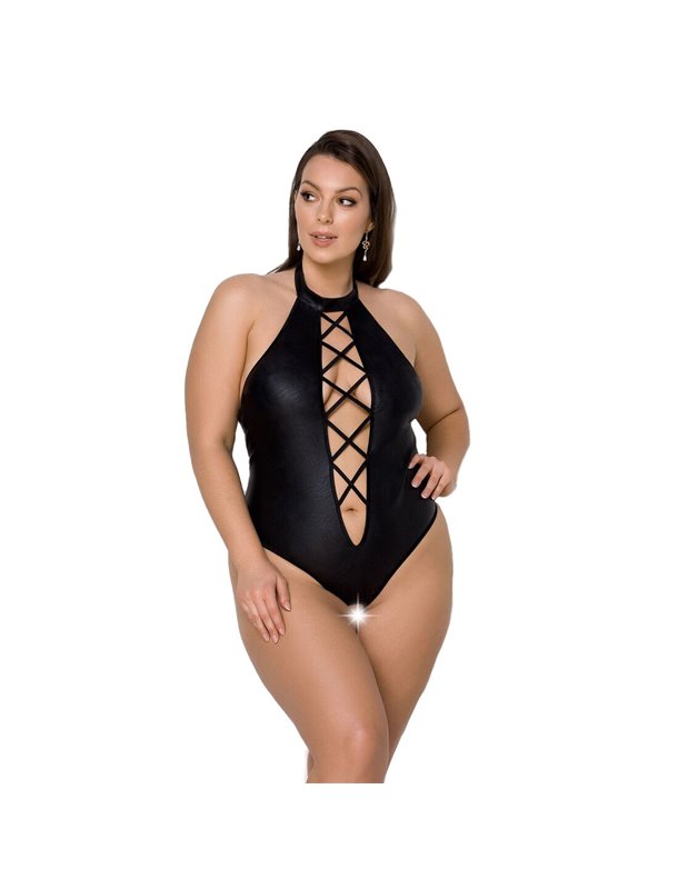 Боді з екошкіри Passion NANCY BODY 4XL/5XL black, з імітацією шнурівки та відкритим доступом