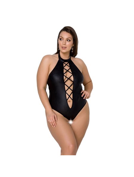 Боді з екошкіри Passion NANCY BODY 4XL/5XL black, з імітацією шнурівки та відкритим доступом