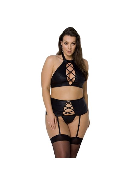 Комплект з екошкіри Passion NANCY SET 4XL/5XL black, імітація шнурівки, топ, пояс для панчіх