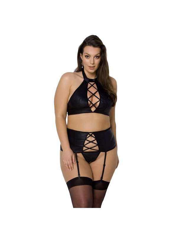 Комплект із екошкіри Passion NANCY SET 6XL/7XL black, імітація шнурівки, топ, пояс для панчіх