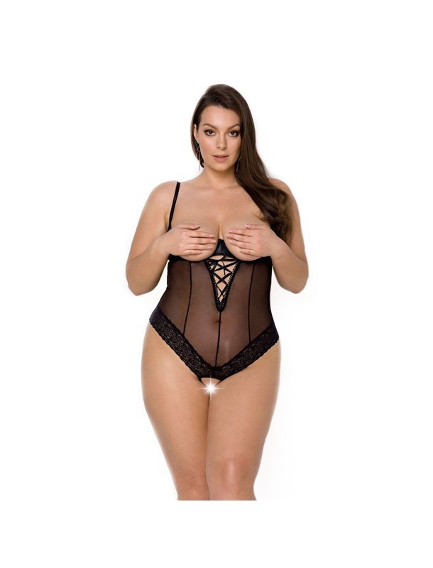 Боді Passion Exclusive NORTH BODY 4XL/5XL black, відкриті груди, з доступом, вініл та мережива