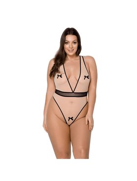 Боді Passion VIENA BODY 6XL/7XL, beige, контрастне, бантики, вставка-сітка, відкриті сідниці