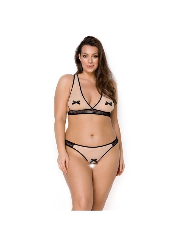 Комплект білизни Passion VIENA SET 4XL/5XL, beige, ліф, стрінги з доступом, бантики