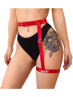 Гартер на ногу Art of Sex - Naomi з написом SEXY, натуральна шкіра, розмір XS-2XL, колір червоний