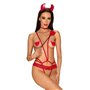 Еротичний костюм чортика зі стреп Obsessive Evilia teddy red S/M, боді, чокер, накладки на соски, обруч з ріжками