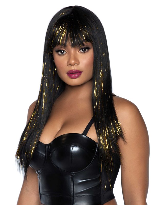 Чорна перука із золотими пасмами Leg Avenue Long bang wig with tinsel, 60 см