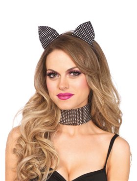 Набір кішечки зі стразами Leg Avenue Cat ear headband & choker set, широкий чокер та вушка