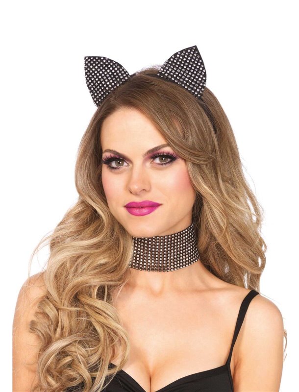 Набір кішечки зі стразами Leg Avenue Cat ear headband & choker set, широкий чокер та вушка