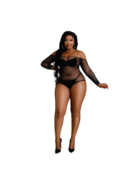 Сітчасте боді зі стразами Moonlight Plus Model 09 XL-XXXL Black, відкриті плечі