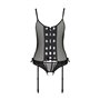 Корсет зі шнурівкою Passion NESSY CORSET S/M black, стрінги з відкритим доступом, пажі для панчіх