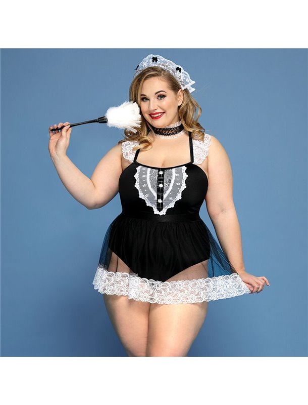 Костюм секс-покоївки JSY «Гаряча Кері» Plus Size Black, боді, спідниця, чокер, головний убір, мітелк