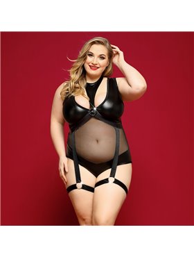 Елегантне боді з екошкіри JSY «Спокуслива Морган» Plus Size, Black, сітка, портупея з гартерами