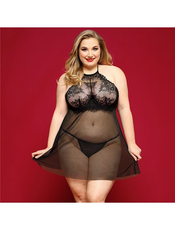 Сорочка бебі-дол JSY «Пристрасна Ліліт» Plus Size, Black, халтер, дрібна сітка, мереживо, стрінги SO8385 JSY (Китай) фото - L...