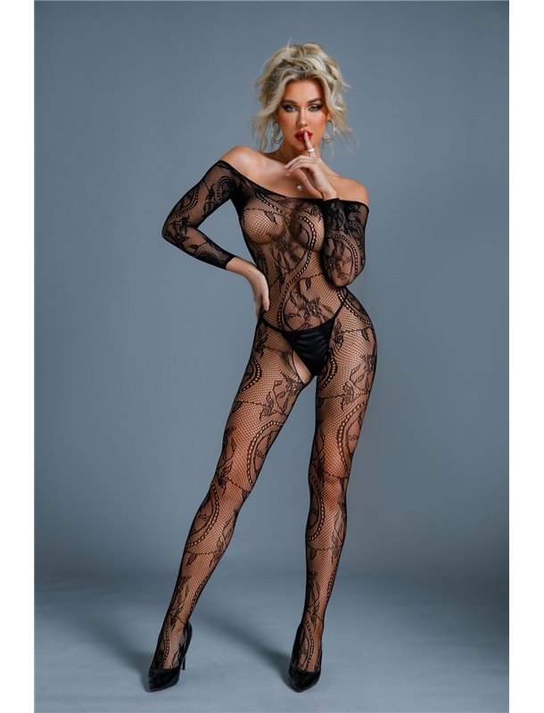 Бодістокінг Caprice Lingerie Model 10 One size Black, мереживо, відкритий доступ, довгий рукав