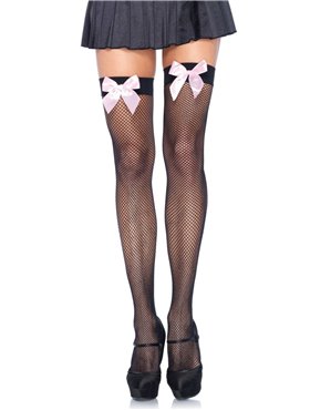 Панчохи-сітка з атласним бантиком Leg Avenue Fishnet Thigh Highs One size, Black With Bow Pink