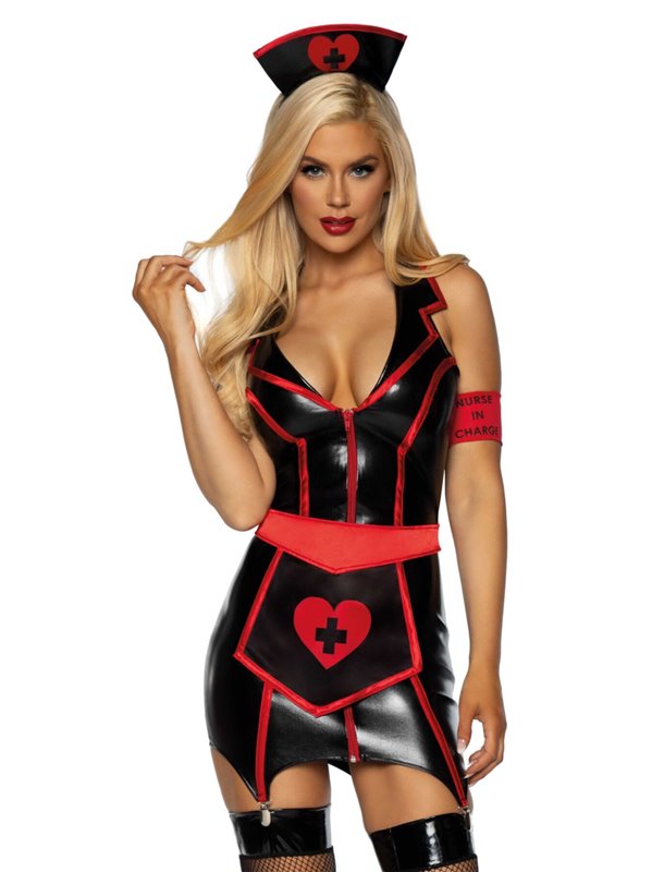 Вініловий костюм медсестри Leg Avenue Vinyl Naughty Nurse XL, сукня, фартух, повязки SO9148 Leg Avenue (США) фото - Luxbikini