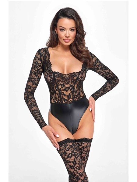 Боді Noir Handmade F296 Psyche, 3XL, мереживо, довгий рукав, низ під латекс, з доступом