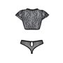 Комплект Passion LEAFA BIKINI black S/M, бюстгальтер-топ з рукавчиками, стрінги-шортики з вирізом