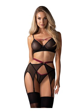 Комплект Obsessive Novenes 3-pcs set, M/L, прозорий ліф на кісточках, стрінги, пояс