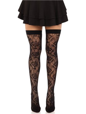 Панчохи Leg Avenue Wild rose net thigh highs, One Size, чорні, широка резинка, малюнок-троянди