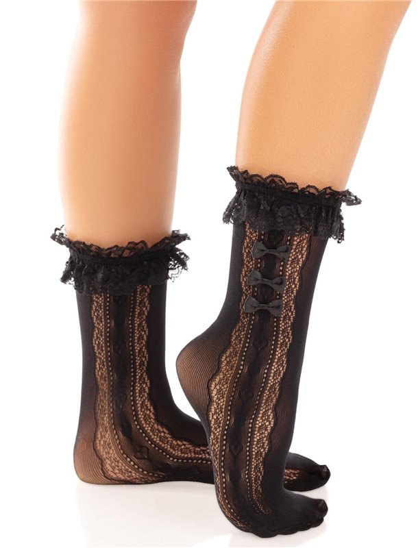 Шкарпетки ажурні Leg Avenue Mini Bow Lace Anklet, чорні, з рюшами, декор — бантики SX1046 Leg Avenue (США) фото - Luxbikini
